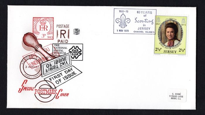 1971 Jersey Cover celebrating 65 Years of Scouting in Jersey Channel Islands, 1st November 1971 tying 2 1/2d Princess Anne illustrated cover