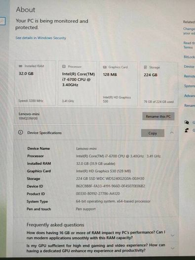 Lenovo thinkcentre mini pc i7, 32GB RAM, 256gb SSD