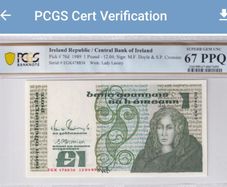 Ireland 1989 1 Pound Banknote Note Graded by PCGS 67PPQ Superb Gem Unc Pop 9/0!!