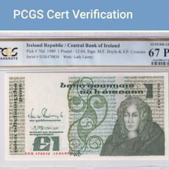 Ireland 1989 1 Pound Banknote Note Graded by PCGS 67PPQ Superb Gem Unc Pop 9/0!!