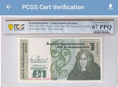 Ireland 1989 1 Pound Banknote Note Graded by PCGS 67PPQ Superb Gem Unc Pop 9/0!!