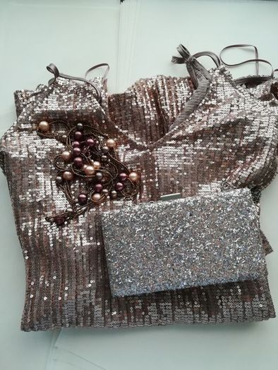 Rose gold Zara dress with matching bag and necklace