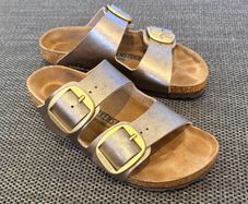 Birkenstock Pewter sandal with gold buckles