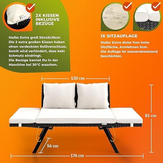 Polyrattan Garden Bench with Reclining Function Cushion Adjustable Armrests Weatherproof Outdoor Garden Patio Balcony Sofa Couch Lounger