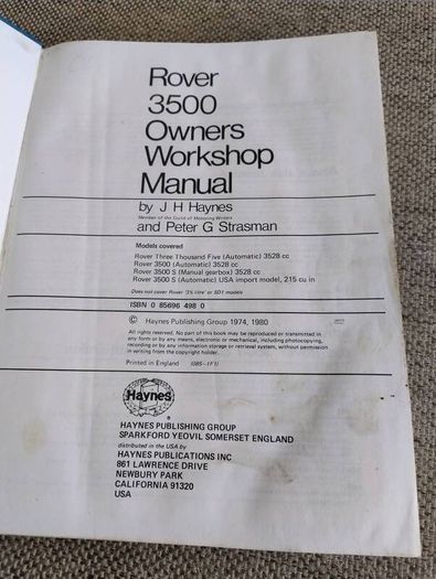 Haynes Rover 3500 owners workshop manual hardback FREE STANDARD POSTAGE INCLUDED