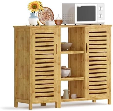 2-in-1 Modular Bamboo Bathroom Storage Cabinet | 3-Tier Open & Enclosed Shelving (2 Doors) Free-Standing Organizer for Bathroom, Kitchen, Living Room (100x33x87cm)