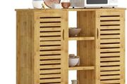 2-in-1 Modular Bamboo Bathroom Storage Cabinet | 3-Tier Open &amp; Enclosed Shelving (2 Doors) Free-Standing Organizer for Bathroom, Kitchen, Living Room (100x33x87cm)