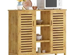 2-in-1 Modular Bamboo Bathroom Storage Cabinet | 3-Tier Open & Enclosed Shelving (2 Doors) Free-Standing Organizer for Bathroom, Kitchen, Living Room (100x33x87cm)