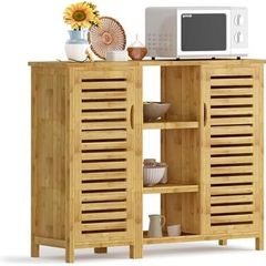 2-in-1 Modular Bamboo Bathroom Storage Cabinet | 3-Tier Open & Enclosed Shelving (2 Doors) Free-Standing Organizer for Bathroom, Kitchen, Living Room (100x33x87cm)