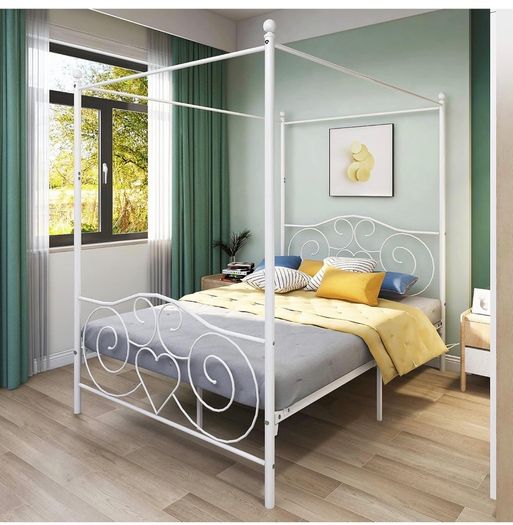 Double Canopy Bed Frame with Vintage Headboard & Footboard, White 135x190cm Double Canopy Bed Frame, 4ft6 Heavy Duty Metal Bed, Heart Scroll Headboard & Footboard, Steel Slats for Bedrooms