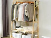 Bamboo Garment Coat Clothes Hanging Heavy Duty Rack with top shelf and 2-tier Shoe Clothing Storage Organizer Shelves
