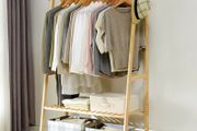 Bamboo Garment Coat Clothes Hanging Heavy Duty Rack with top shelf and 2-tier Shoe Clothing Storage Organizer Shelves