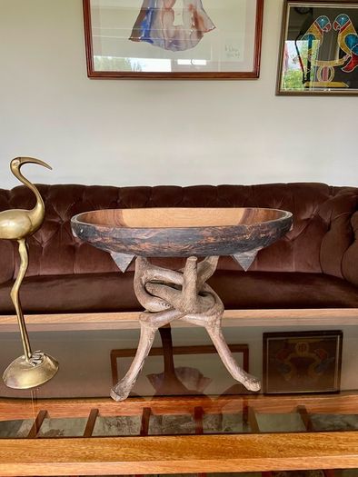 Unique Vintage Wooden African Tribal Art Decor Hand made bowl on Tripod folding Stand
