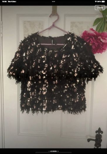 top Bnwot black fluffy embelished top short sleeve size large elli white brand