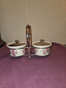 1960's Enoch Wedgewood Pink Rose Marmalade Pots with silver plate caddy