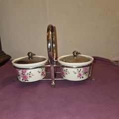 1960's Enoch Wedgewood Pink Rose Marmalade Pots with silver plate caddy