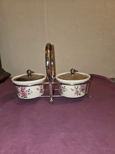 1960's Enoch Wedgewood Pink Rose Marmalade Pots with silver plate caddy