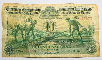 Ireland 1937 Ploughman One Pound The National Bank Punt banknote