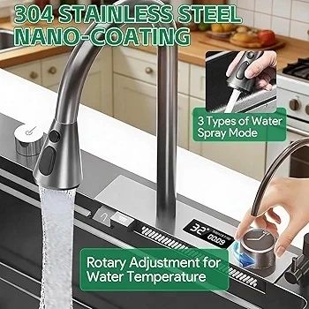Drop-in Waterfall Sink Workstation with Faucet Combo and Cup Washer, 26.7" x 17.6" x 7.9" Stainless Steel Waterfall Bowl, Modern Smart Undermount Kitchen Unit, for Household Use, Gun Grey