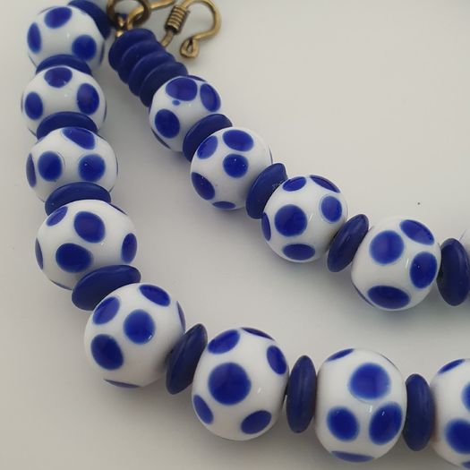 Antique Venetian Style White Blue Dotted Glass Beads Necklace