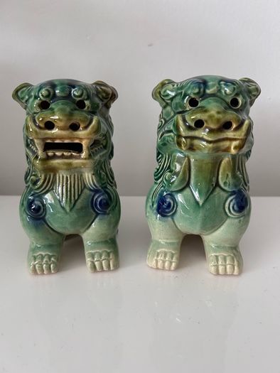 Two vintage Foo dogs in beautiful green glaze