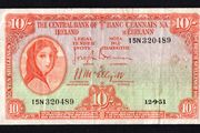 1951 Ireland 10s Lady Lavery Banknote Series A. Note issued 12/09/51 with signatory's of Brennan and McElligott. Serial number 15N320489