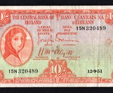 1951 Ireland 10s Lady Lavery Banknote Series A. Note issued 12/09/51 with signatory's of Brennan and McElligott. Serial number 15N320489