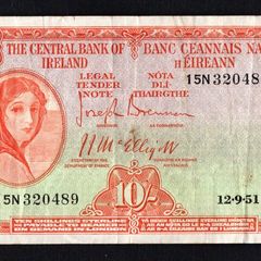 1951 Ireland 10s Lady Lavery Banknote Series A. Note issued 12/09/51 with signatory's of Brennan and McElligott. Serial number 15N320489