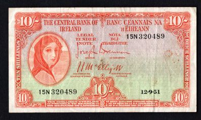1951 Ireland 10s Lady Lavery Banknote Series A. Note issued 12/09/51 with signatory's of Brennan and McElligott. Serial number 15N320489