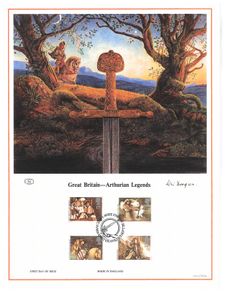 1985 Great Britain Limited Edition Lithographed Print measuring 333mm X 257mm showing Arthurian Legends Commemorative stamps with First Day of Issue Cancel