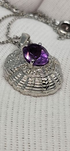Sterling silver Victorian Shield Inspired Moroccan Amethyst , White Zircon Pendant with Chain (Size 20) in Rhodium Sterling Silver 1.880 Ct.
