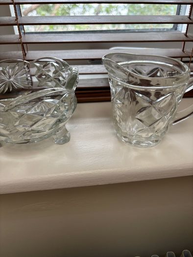 A bundle of vintage - retro pieces, Carnival Glass , Anchor Hocking Fire King, Large Ribbed Glass Butter Dish, Citrus Juicer, Three Footed Glass Sugar Bowl and Jug