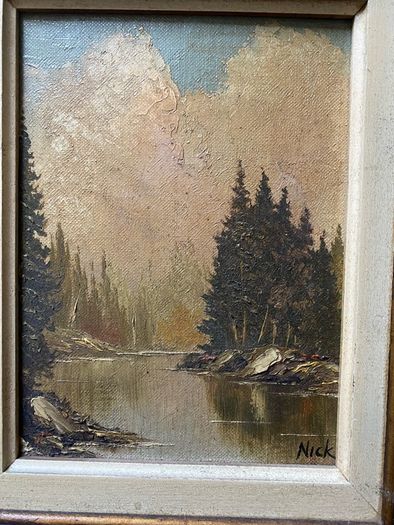 Pair of Vintage Mid-Century Mountain Landscape Oil Paintings, Signed "Nick", Framed