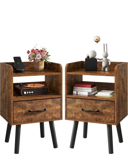 Bedside Table Set of 2, Nightstand, Side Table, Wooden Sofa End Table with Fabric Drawer, Open Shelf, Solid Wood Legs, 39x29x63 cm, for Bedroom, Living Room, Rustic Brown