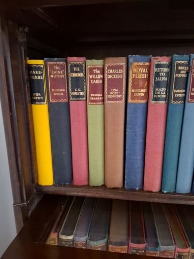 large collection vintage antiquarian books. 4 complete shelves.