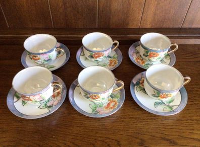 vintage 1950s Japanese hand painted lusterware 6 cups and saucers