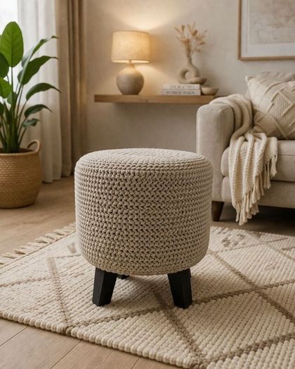 Handmade Chunky Knit Pouf with Wooden Legs Scandi / Boho Style