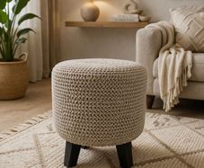 Handmade Chunky Knit Pouf with Wooden Legs Scandi / Boho Style