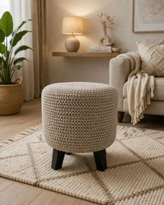 Handmade Chunky Knit Pouf with Wooden Legs Scandi / Boho Style