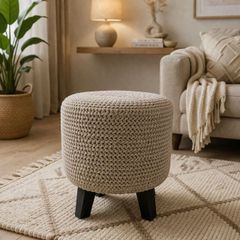 Handmade Chunky Knit Pouf with Wooden Legs Scandi / Boho Style