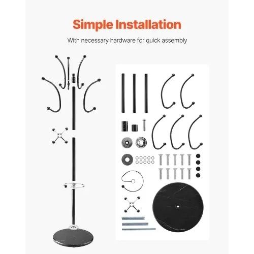 Freestanding Coat Rack, Metal Coats Rack Stand with Umbrella Holder, Stable Marble Base & 14 Hooks, Hall Coat Tree for Entryway
