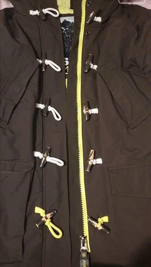 Superdry women's dark green (khaki) winter parka with a fur hood and toggle fastening