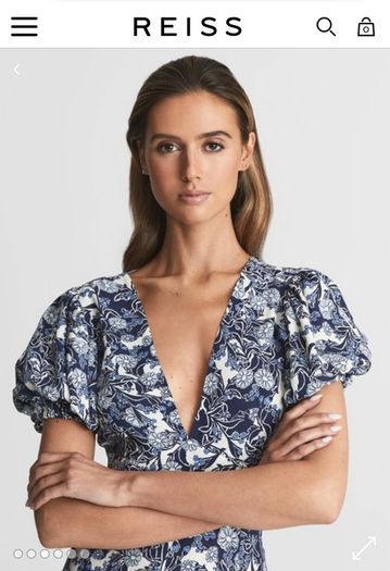 MIDI dress Puff sleeve blue flowerpeint Reiss size 14 Brand New