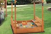 Sandpit with Height-Adjustable Roof 145 x 118 x 118 cm Wooden Sand Box Lid Foldable 2 Benches