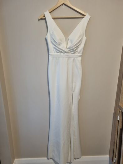 white full length v neck dress with side split
