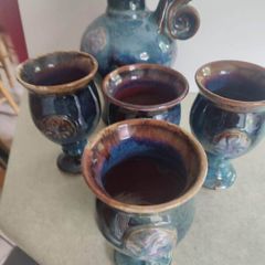Colm De Ris Pottery blue Jug and 4 blue goblets as set.in very good condition as new.