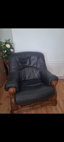 set of 2 solid oak italian leather armchairs