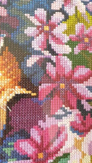 Stunning Handmade Cross Stitch Embroidery - Cats in flowers