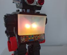 Saturn Robot. The 13" Giant Walking Robot With BIG  SCREEN TV And Light-Up Eyes In MINT Condition. 1980's