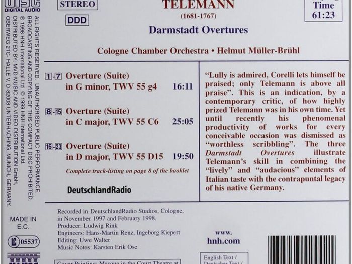 Telemann. Darmstadt Overtures (Suites). CD. Free Postage!